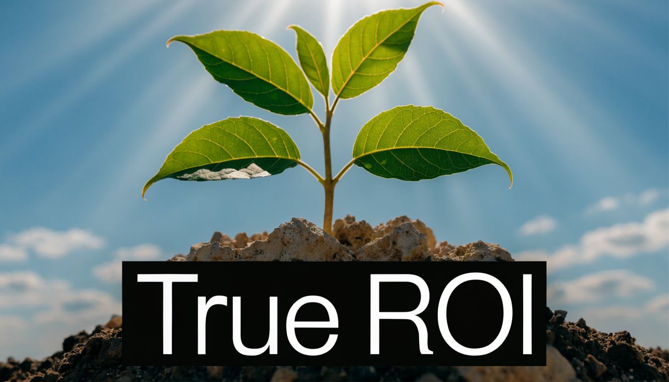 A small green plant growing from soil with the text True ROI overlaid on the image.