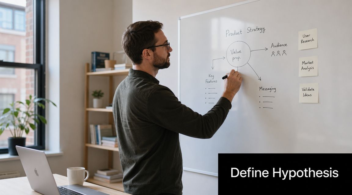 A man in a green shirt writes a product strategy diagram on a white board in an office.