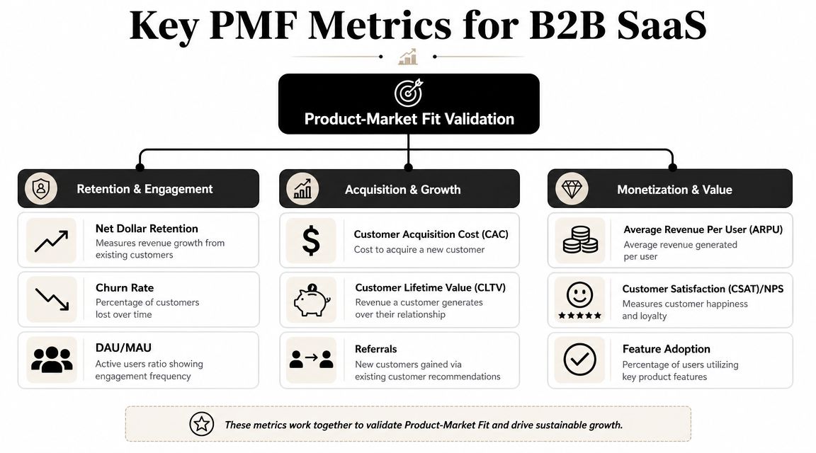 A diagram outlining key metrics for B2B SaaS product-market fit validation across retention, acquisition, and monetization.