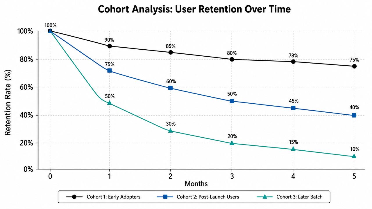A line chart comparing user retention rates over five months for three distinct user cohorts.