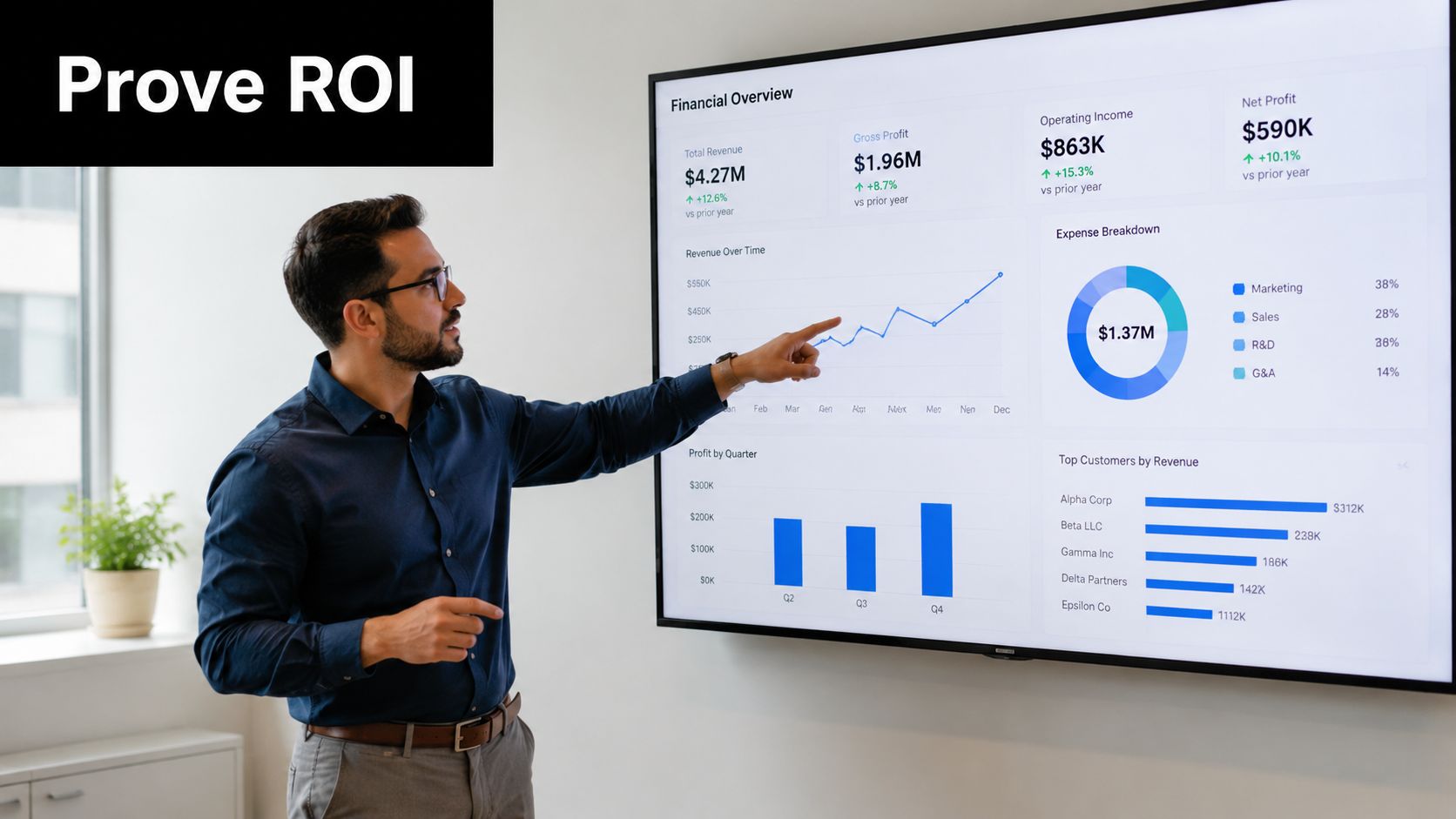 A professional man in an office environment presenting financial growth data on a large digital screen.