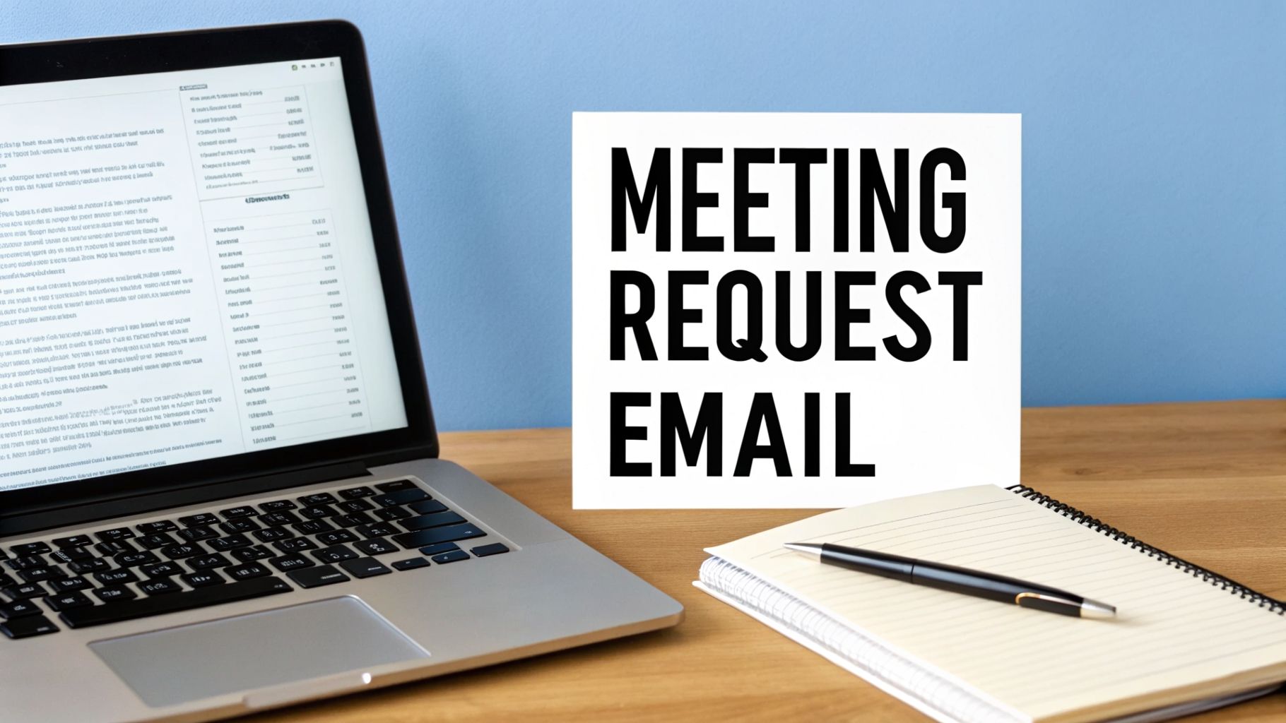 Laptop displaying text next to a 'MEETING REQUEST EMAIL' sign, a notebook, and a pen on a wooden desk.