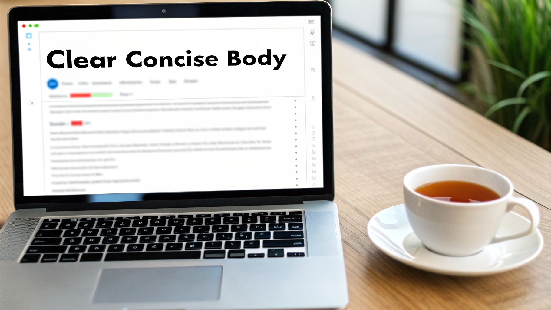 A laptop displaying 'Clear Concise Body' content on its screen, with a cup of tea beside it on a wooden desk.