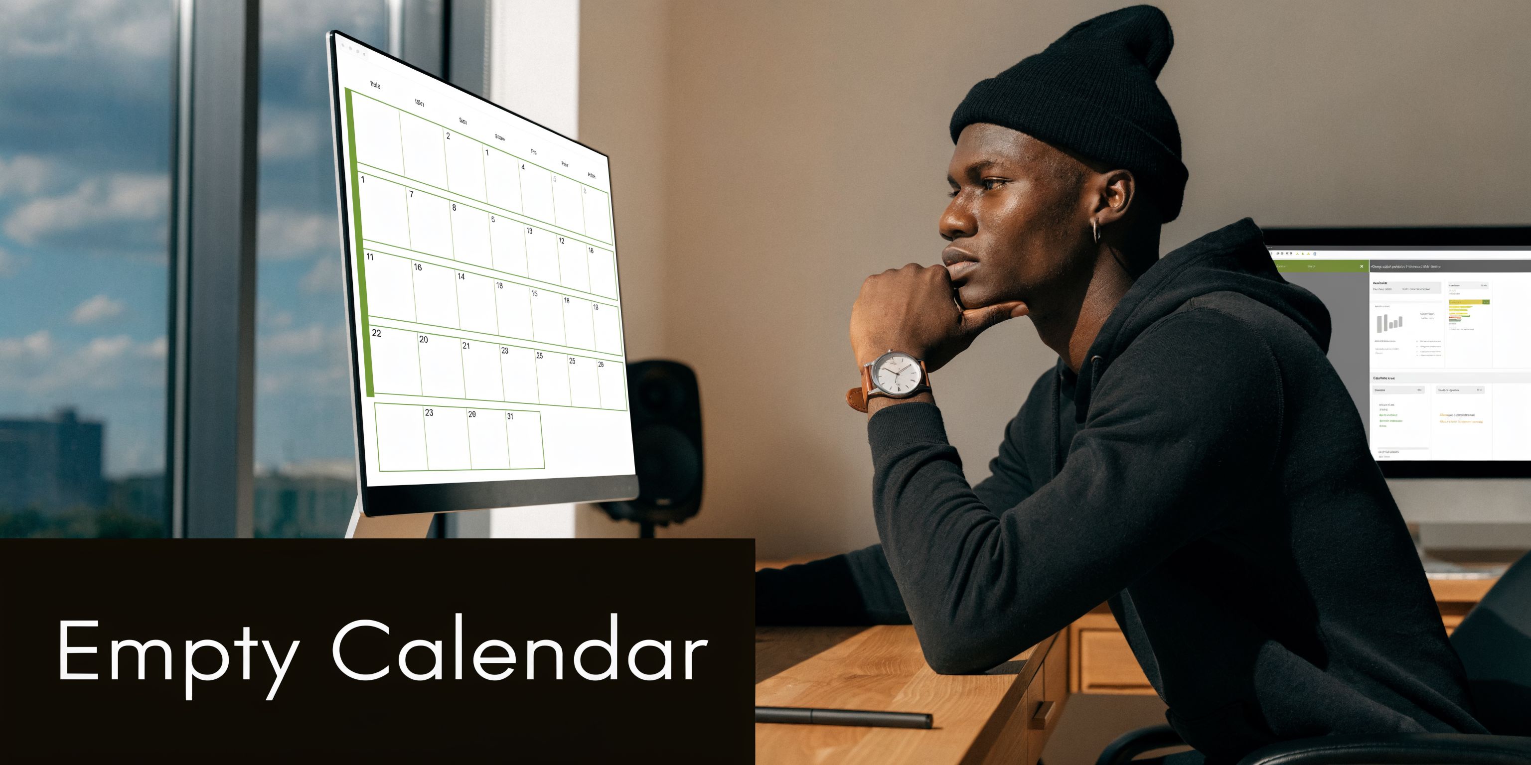 A focused young man wearing a beanie looking at a computer screen displaying an empty calendar.