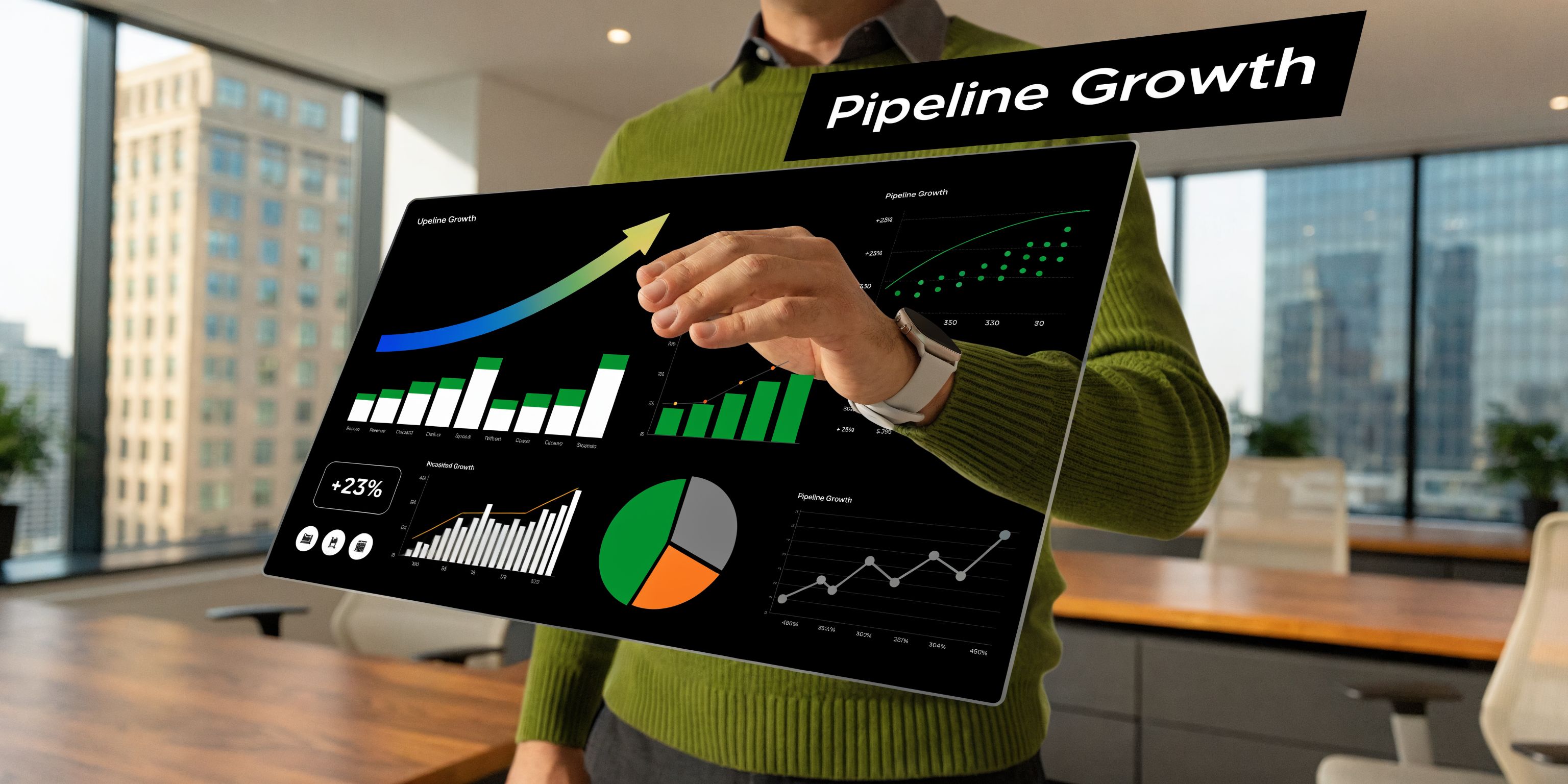 A professional analyzing a digital dashboard displaying various business data charts and pipeline growth metrics.