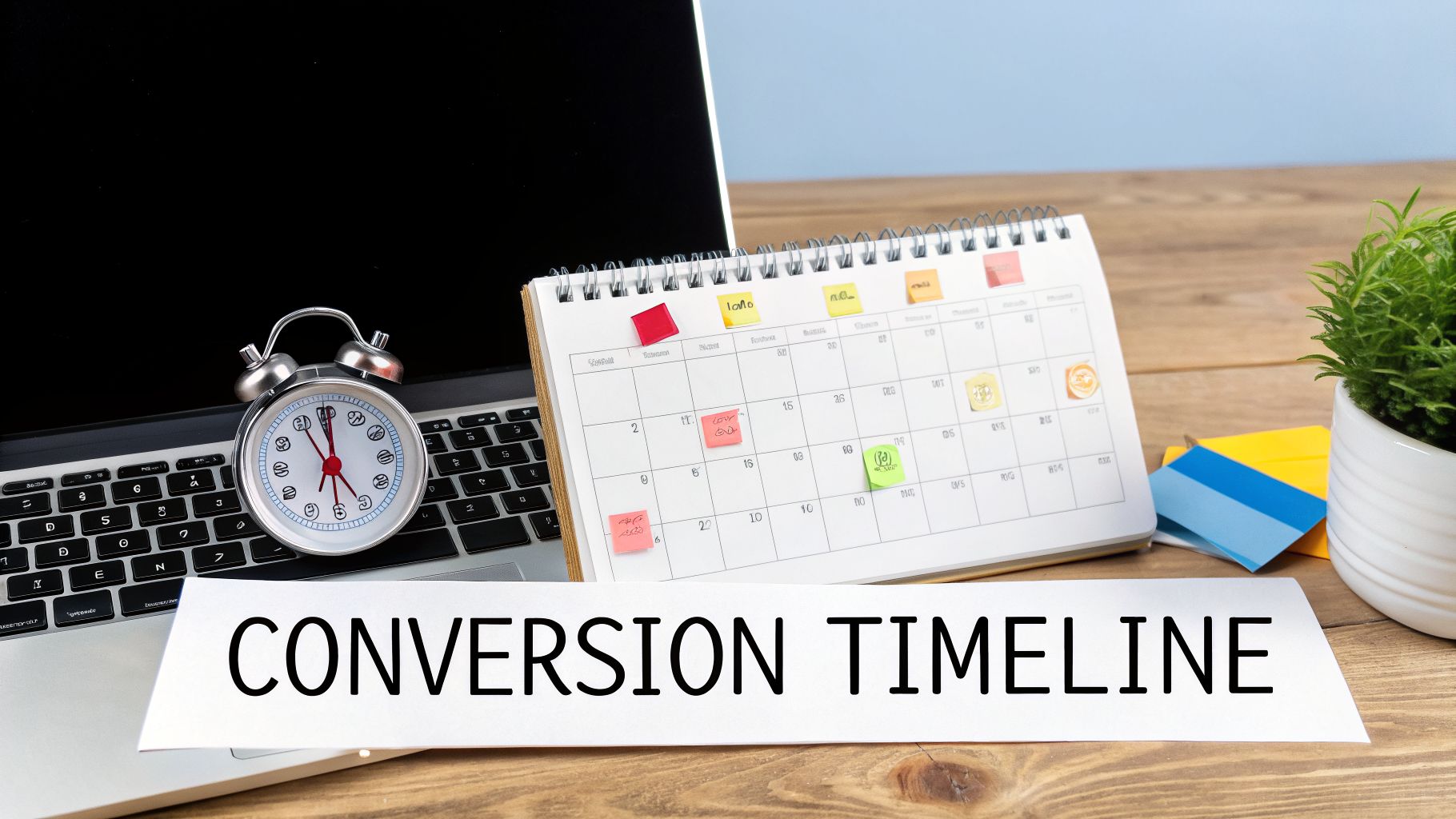 A desk setup with a laptop, alarm clock, calendar, and a paper saying 'Conversion Timeline'.