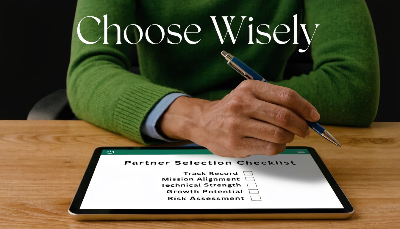 A person in a green sweater holding a pen over a digital tablet with a partner selection checklist.