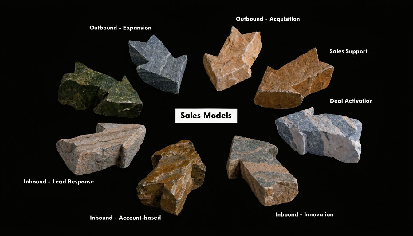 A conceptual diagram showing various sales models represented by unique stone arrows against a black background.