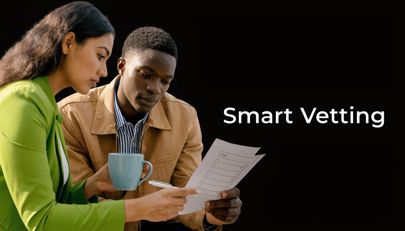 A professional woman and man reviewing a document together with the text Smart Vetting displayed nearby.