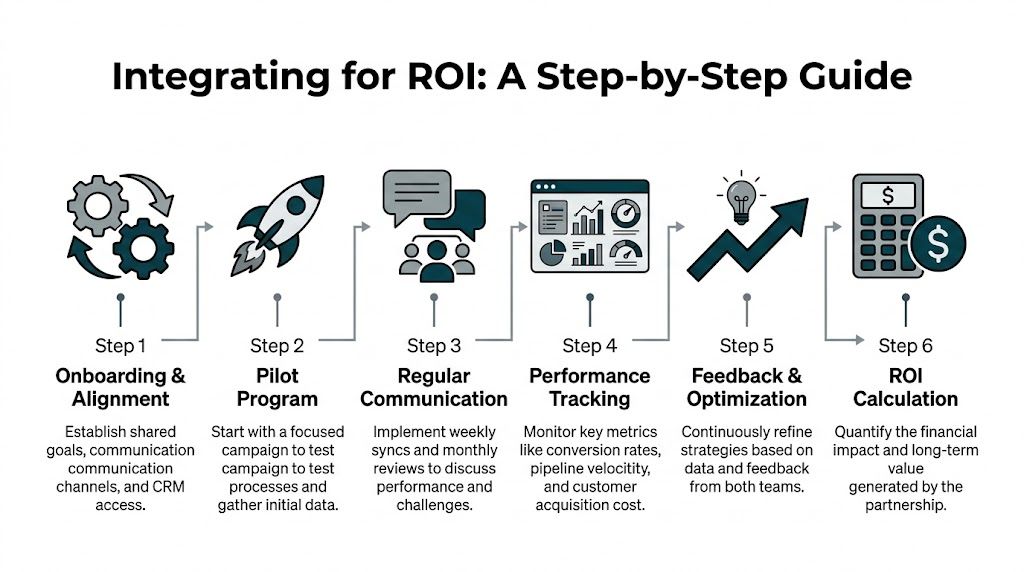 A step-by-step diagram showing six stages for achieving ROI through partnership integration and collaborative business processes.