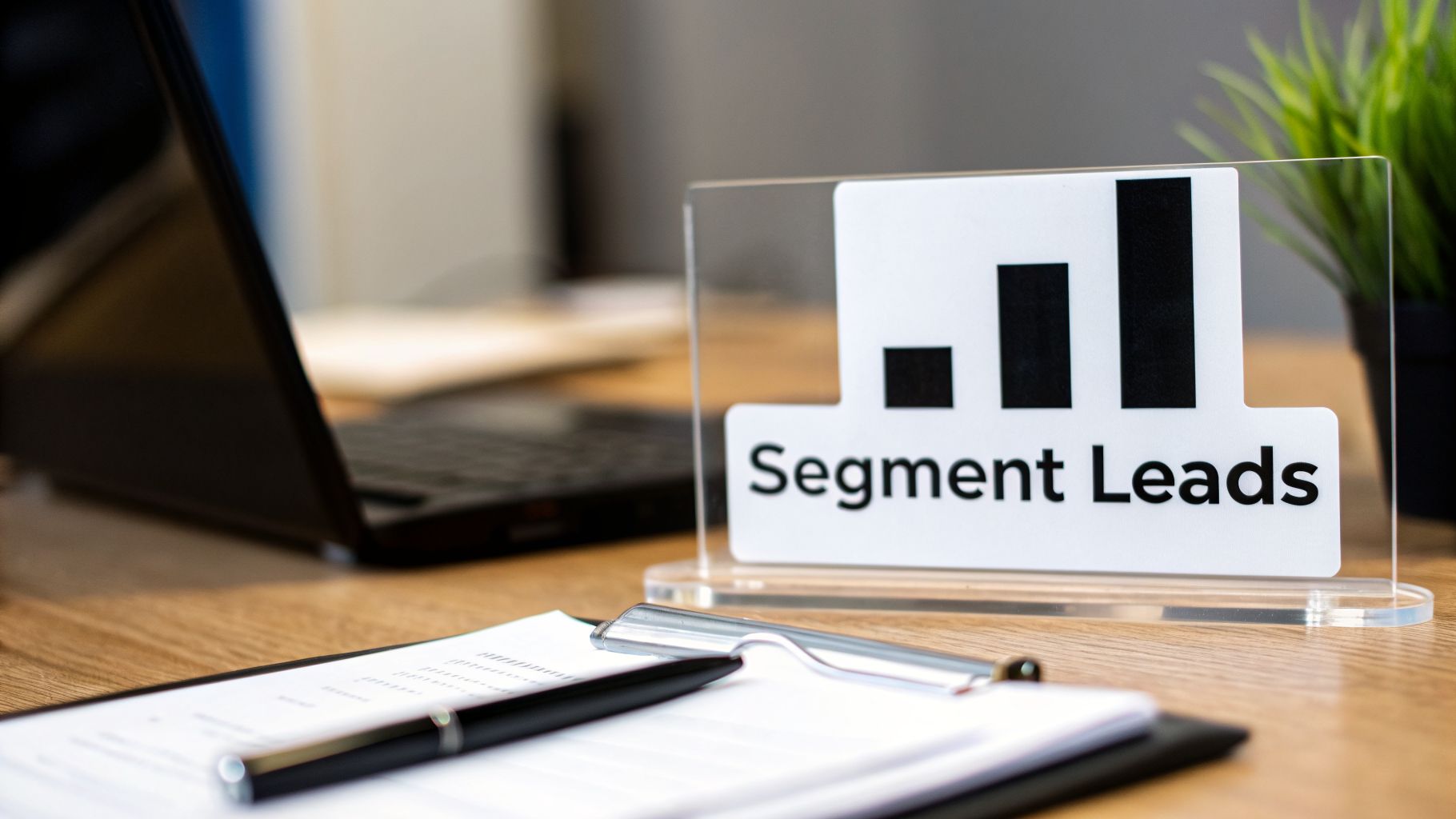Acrylic sign on an office desk displays 'Segment Leads' with a bar chart, alongside a laptop and papers.