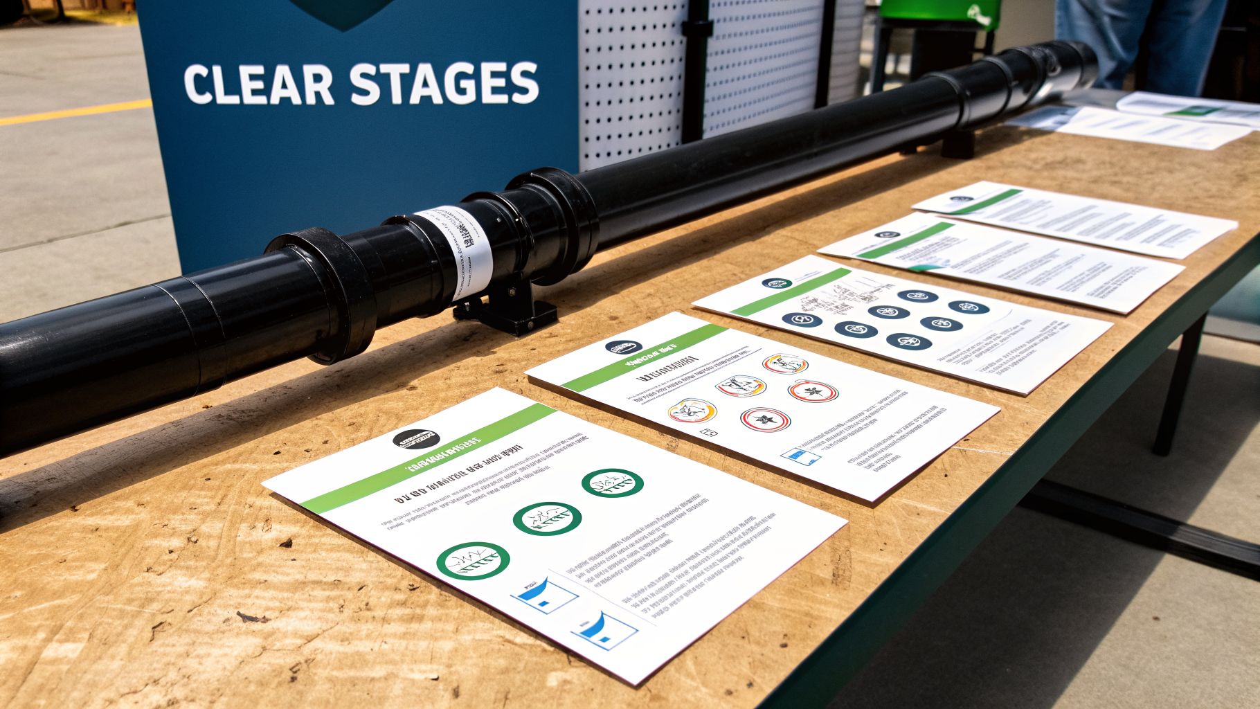 An outdoor display table featuring a black pipe, a 'CLEAR STAGES' sign, and informational brochures.