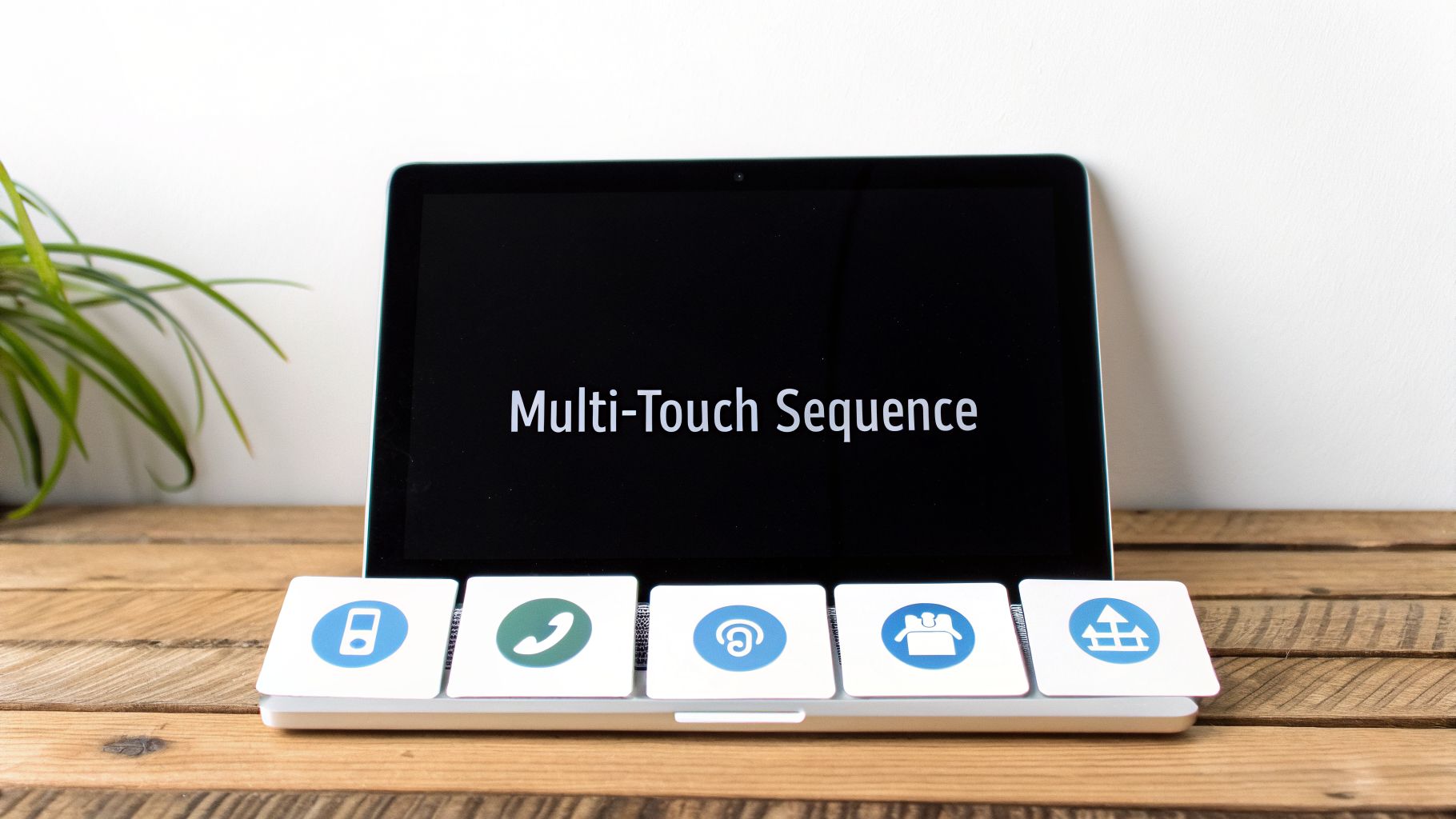 A tablet displays 'Multi-Touch Sequence' with five conceptual icon cards on a keyboard.