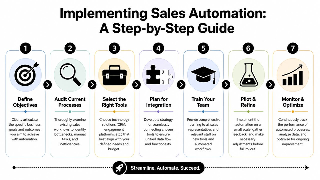 A seven-step guide illustration detailing the process of implementing effective sales automation for business growth.