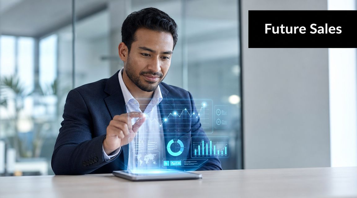 A professional man interacting with a digital holographic business dashboard showing sales data and analytics.