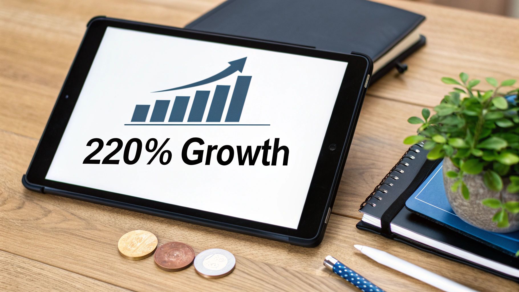 A tablet on a wooden desk displays '220% Growth' with an ascending bar graph, surrounded by coins and office supplies.