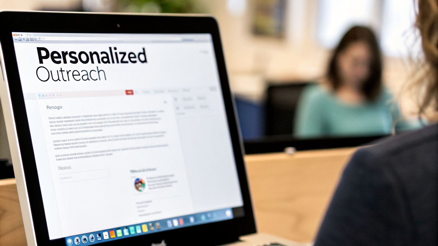 A laptop screen displays "Personalized Outreach" text in an office, with blurred people in the background.