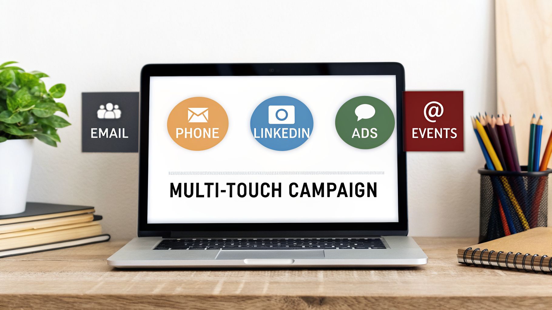 A laptop on a desk displaying a 'MULTI-TOUCH CAMPAIGN' with icons for phone, LinkedIn, and ads, surrounded by signs for email and events.