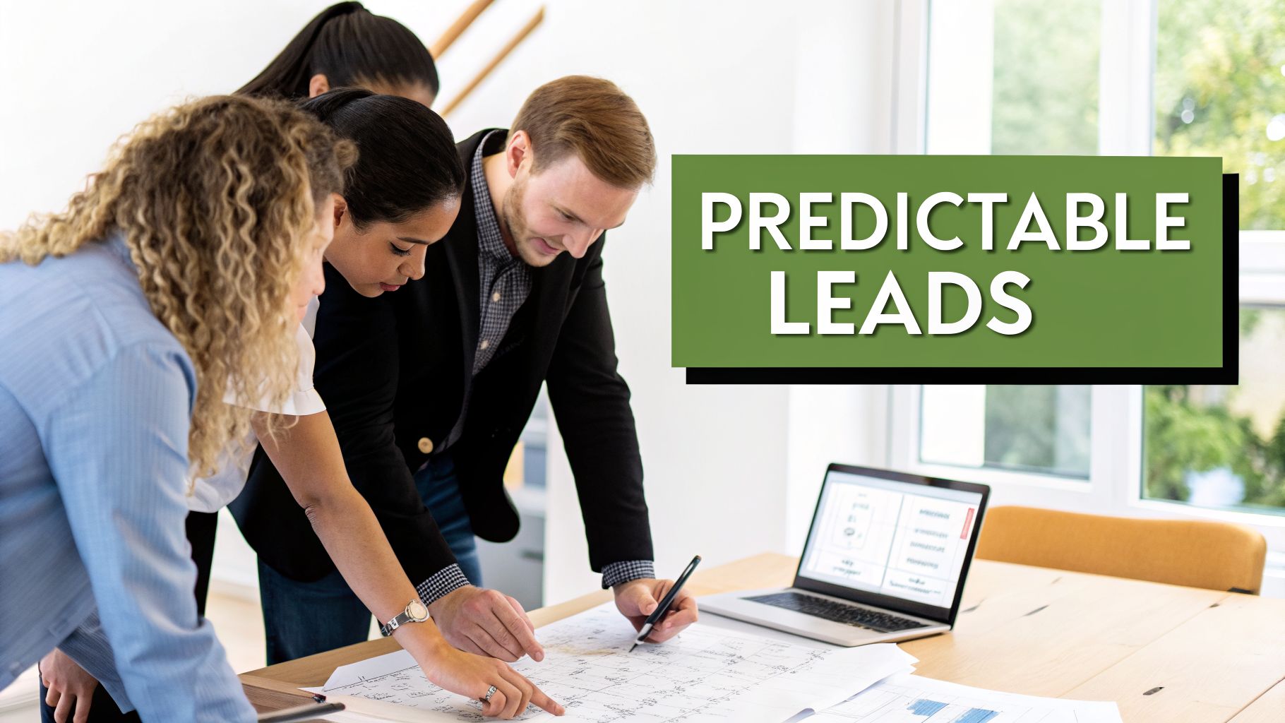 A diverse business team collaborating around a desk, looking at documents, with 'PREDICTABLE LEADS' text overlay.