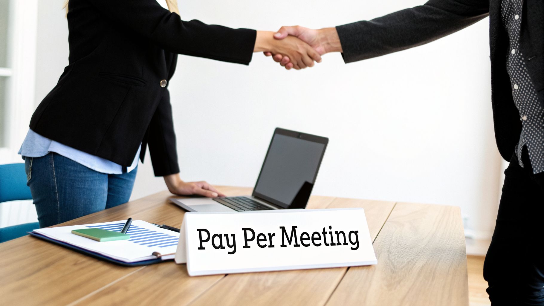 Two business professionals shake hands over a desk with a laptop and a 'Pay Per Meeting' sign.