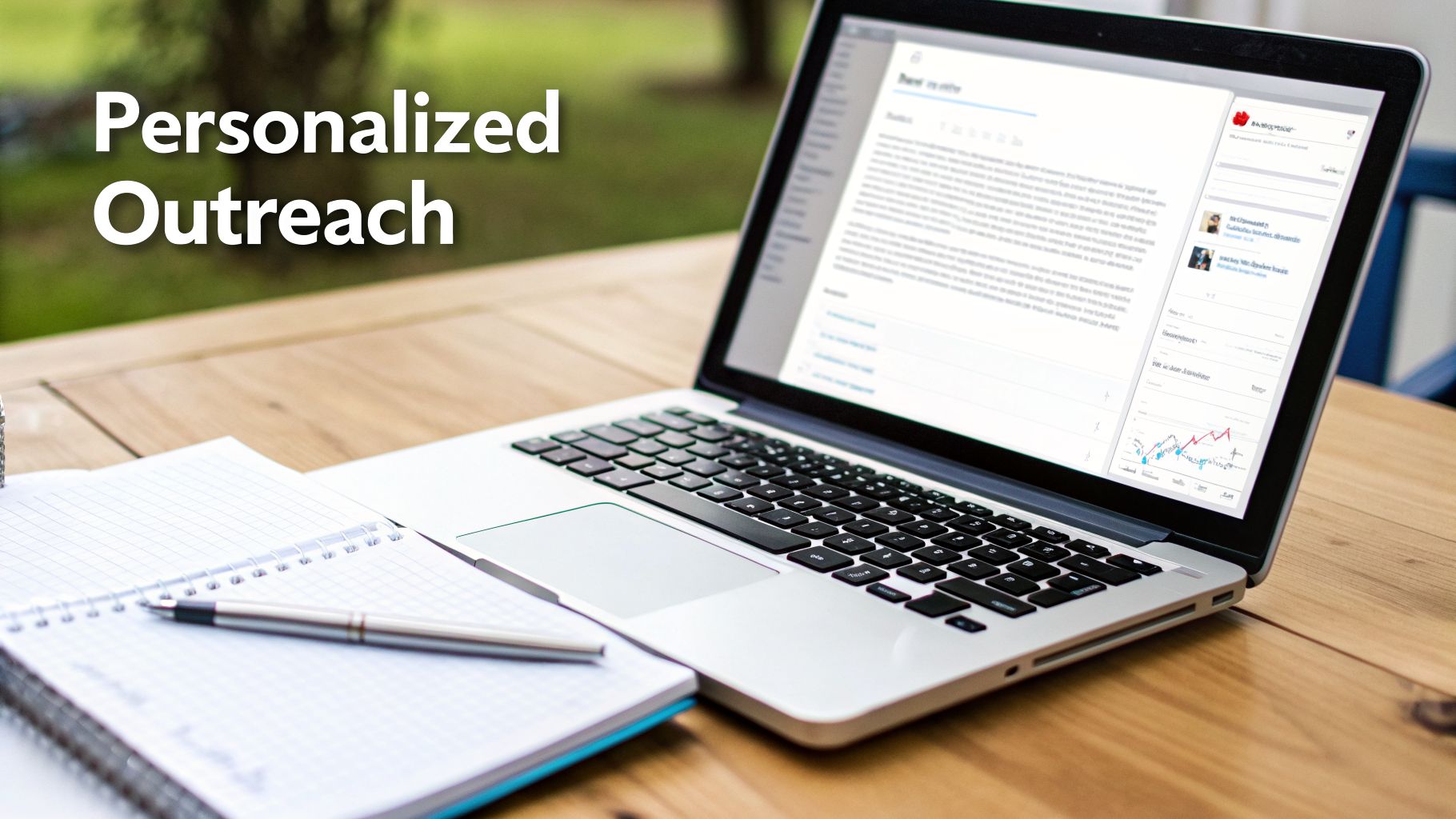 Laptop screen displaying personalized outreach content and analytics, with a notebook and pen on a wooden desk.