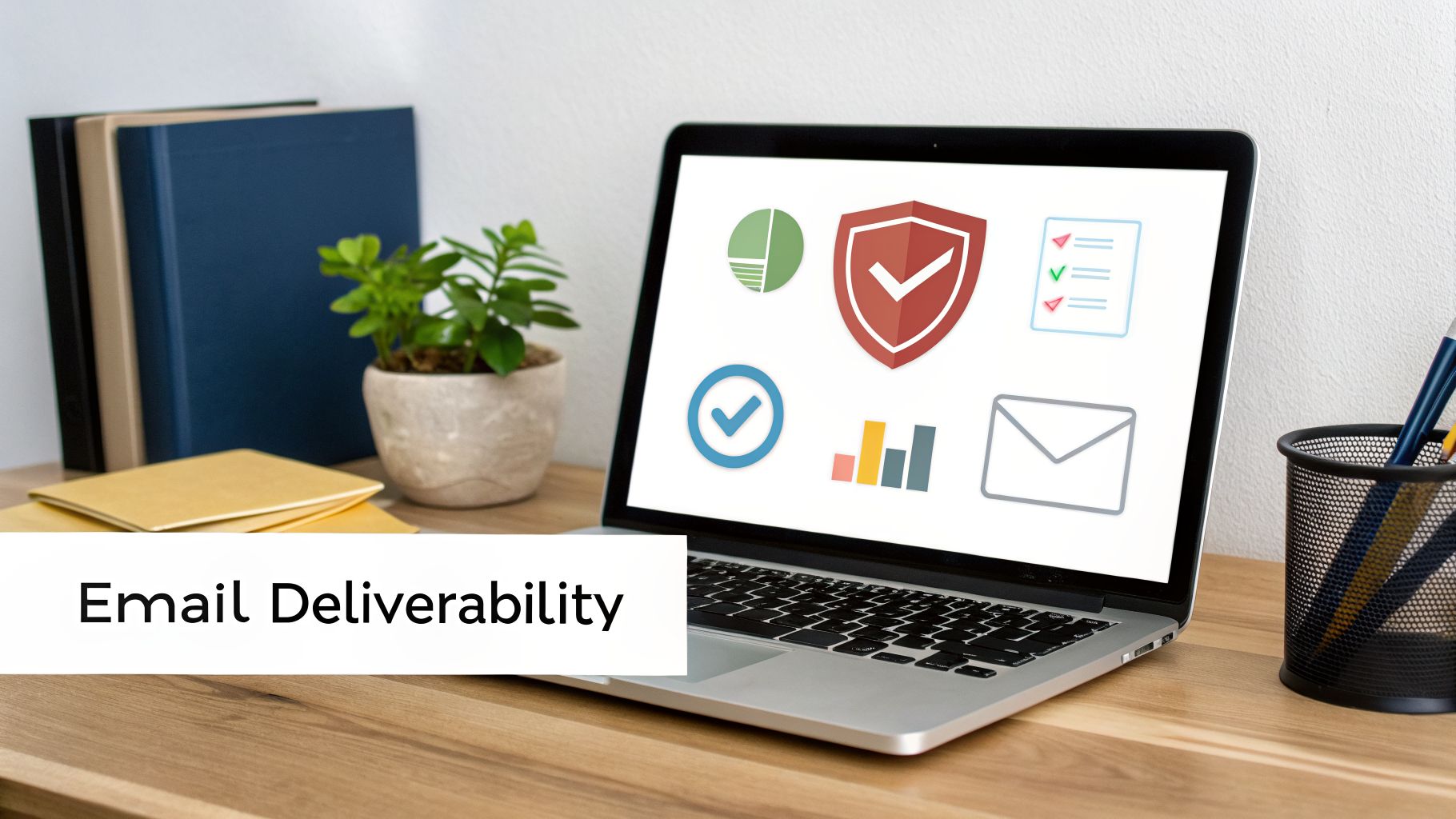 A laptop on a wooden desk displays 'Email Deliverability' along with various digital marketing icons.