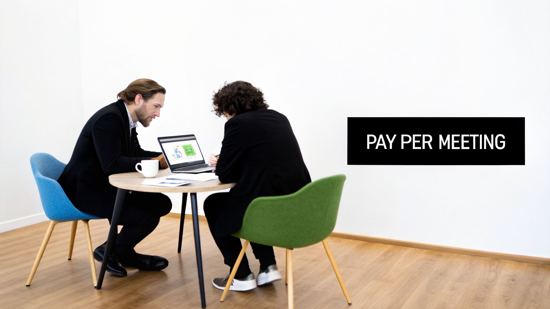 Two business professionals discussing strategies at a table with a laptop in a modern office space.