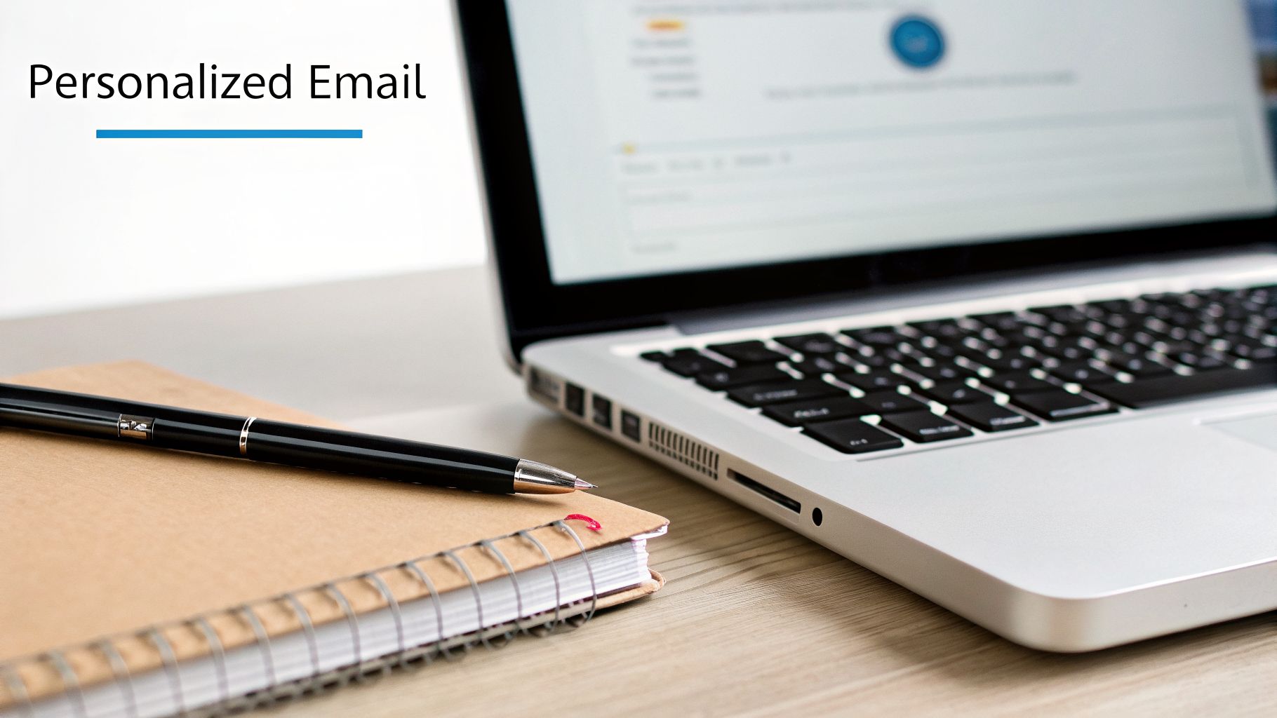 A laptop, notebook, and pen on a desk with 'Personalized Email' text, suggesting digital communication.