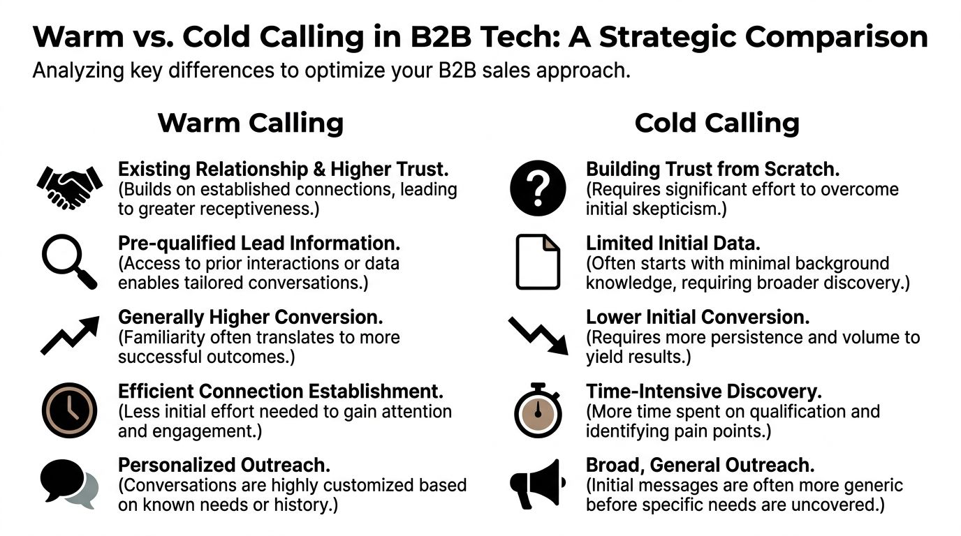 A comparison chart outlining key differences between warm calling and cold calling in B2B tech sales.