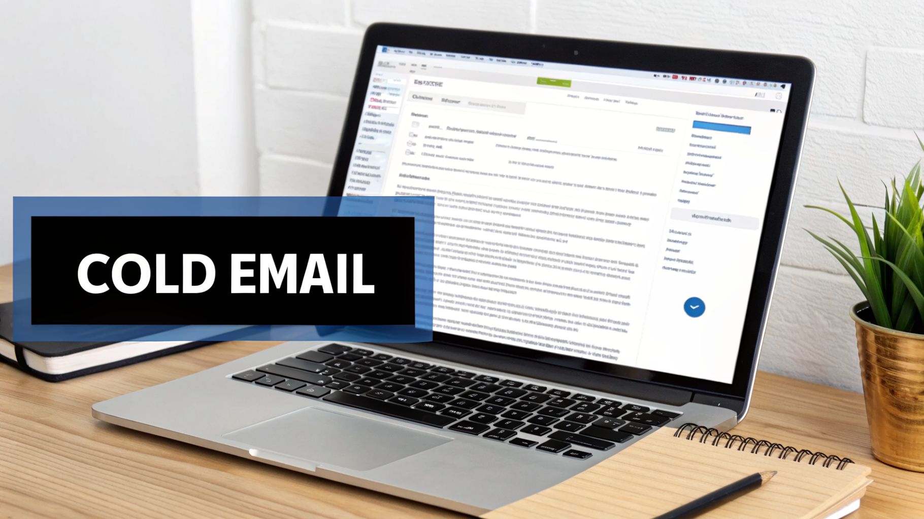 A laptop displaying an email interface, a notebook, and a plant on a desk with a 'COLD EMAIL' text overlay.