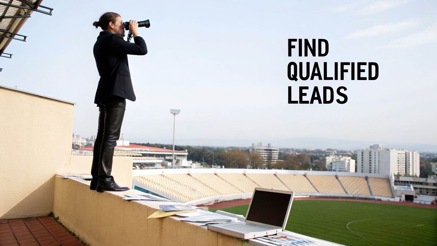 A professional with binoculars on a high ledge overlooks a stadium and city, with the text 'FIND QUALIFIED LEADS'.