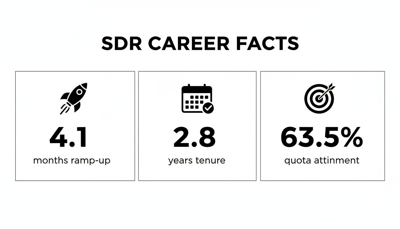 Infographic displaying key SDR career facts: 4.1 months ramp-up, 2.8 years tenure, and 63.5% quota attainment.