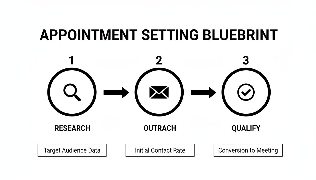 A flowchart outlining the appointment setting blueprint with steps: research, outreach, and qualify, including metrics.