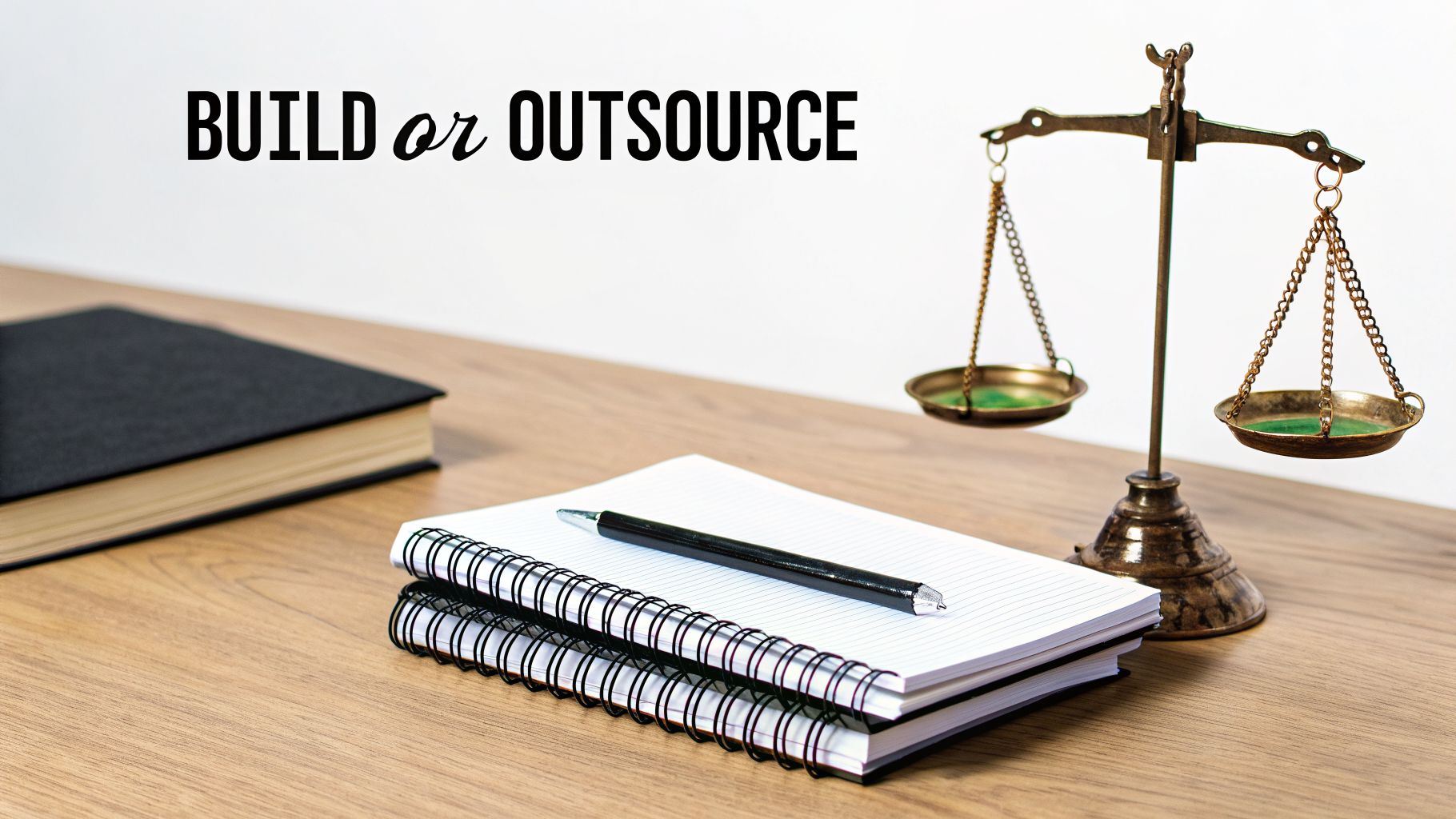 Text 'BUILD or OUTSOURCE' above a wooden desk with notebooks, a pen, a book, and a balance scale.