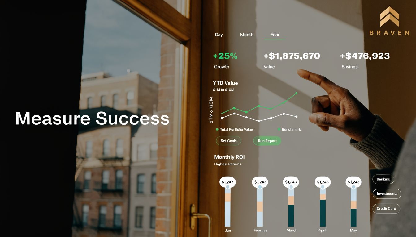 A digital dashboard showing financial growth statistics, investment performance charts, and monthly ROI metrics on a screen.