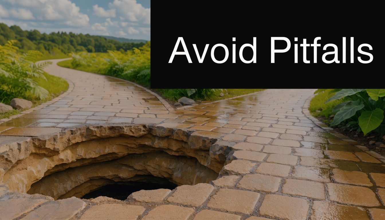A stone pathway splits into two directions, with a large, dangerous pitfall blocking the way forward.