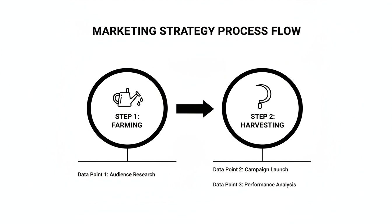 Diagram illustrating a marketing strategy process flow from farming and audience research to harvesting, campaign launch, and performance analysis.