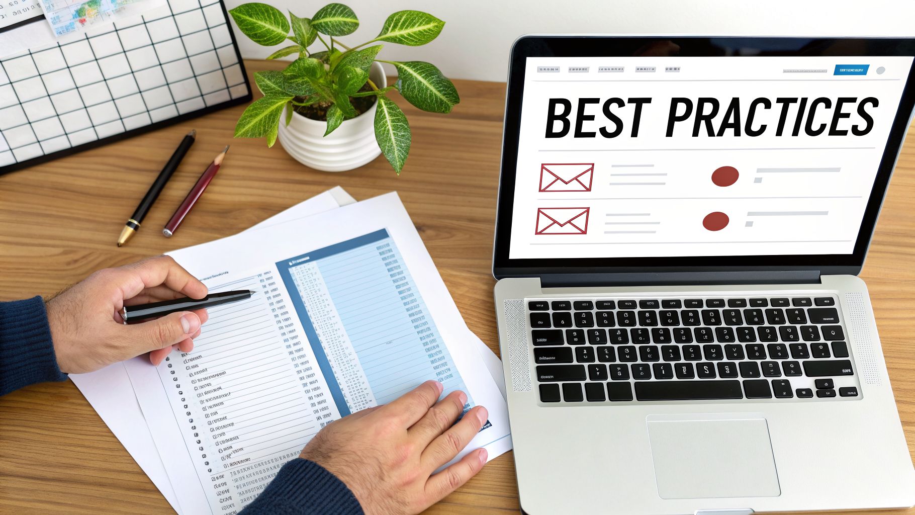 A person works at a desk, reviewing a document while a laptop displays 'BEST PRACTICES'.