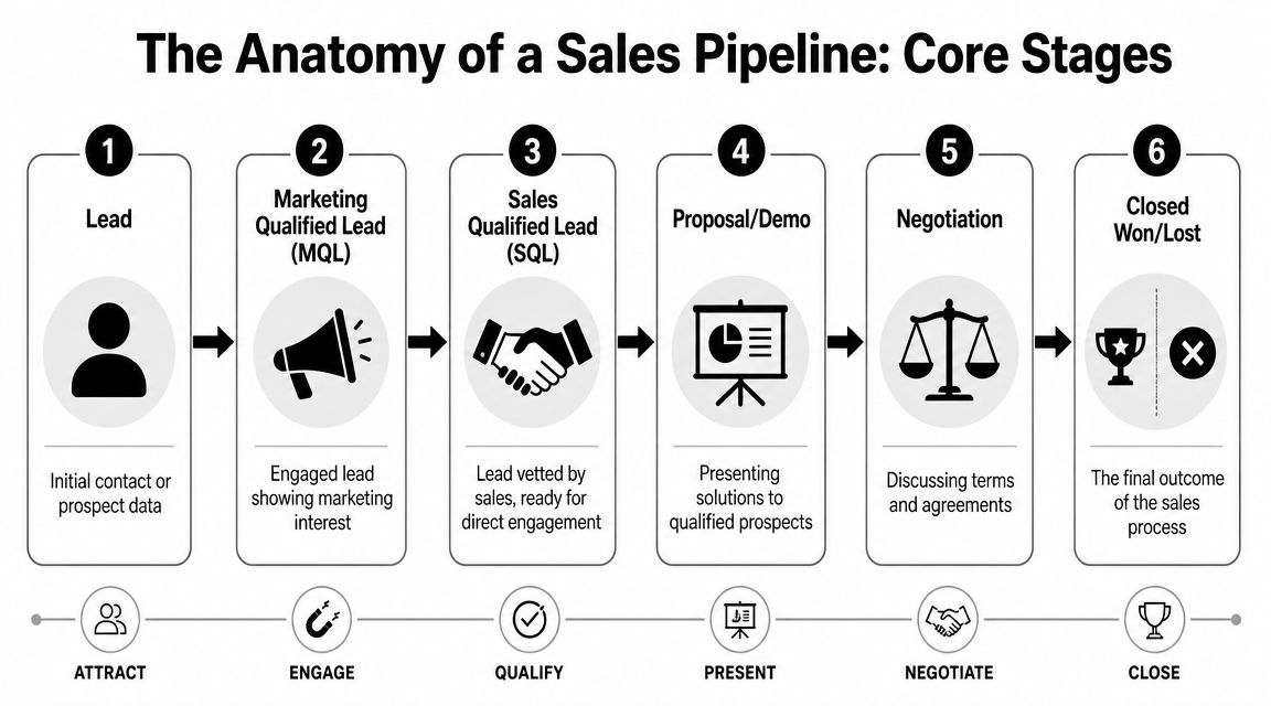 A diagram illustrating the six core stages of a sales pipeline from lead generation to final outcome.