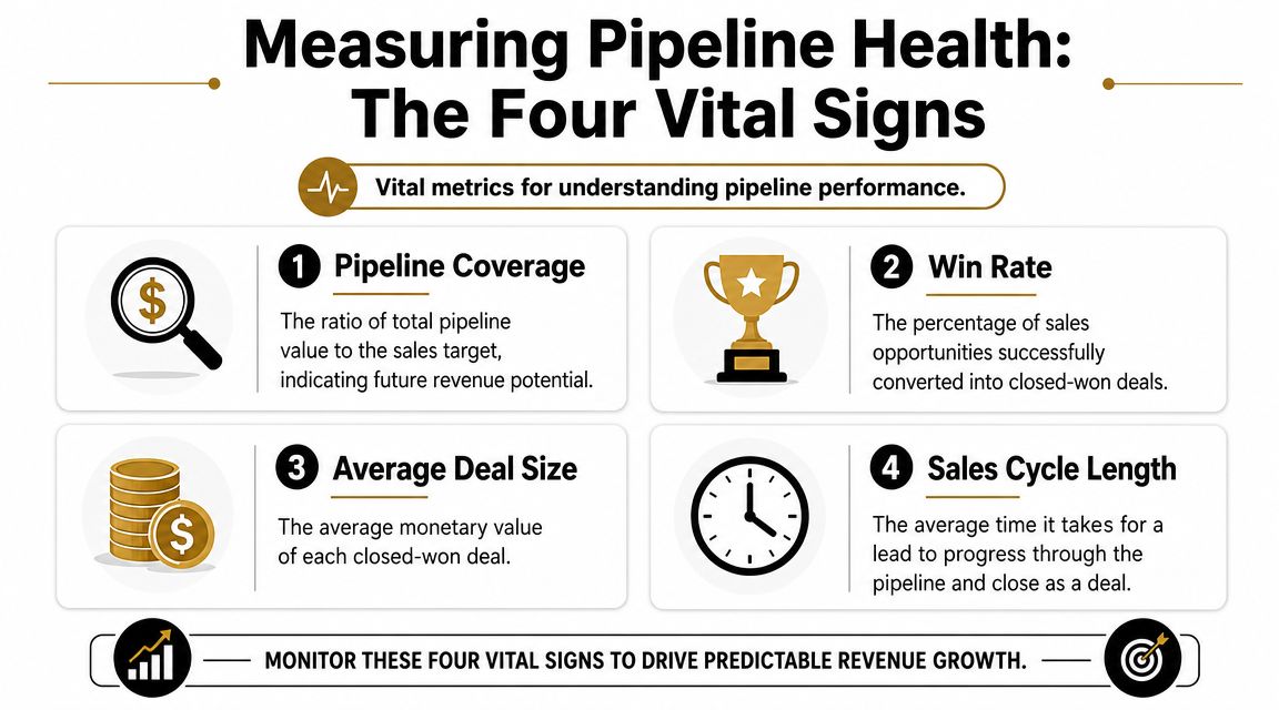 An infographic detailing the four vital signs of sales pipeline health including coverage, win rate, size, and cycle.