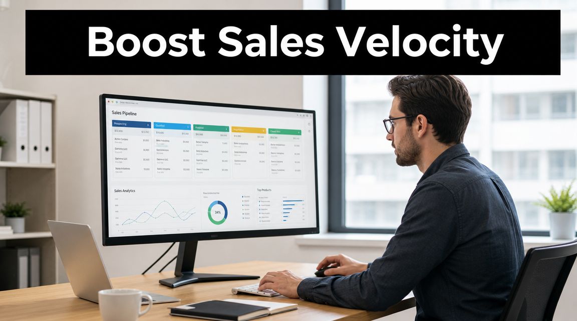 A professional man analyzing a sales pipeline dashboard on a wide computer monitor at his office desk.