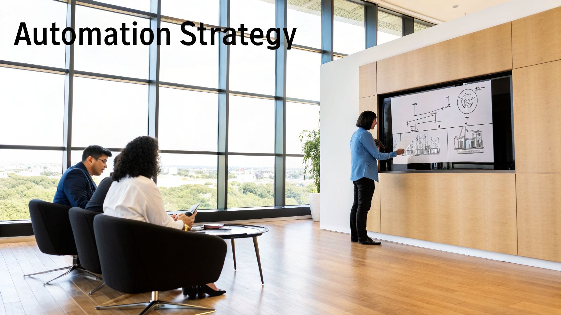 Three diverse professionals collaborating on an automation strategy in a modern office with large windows.