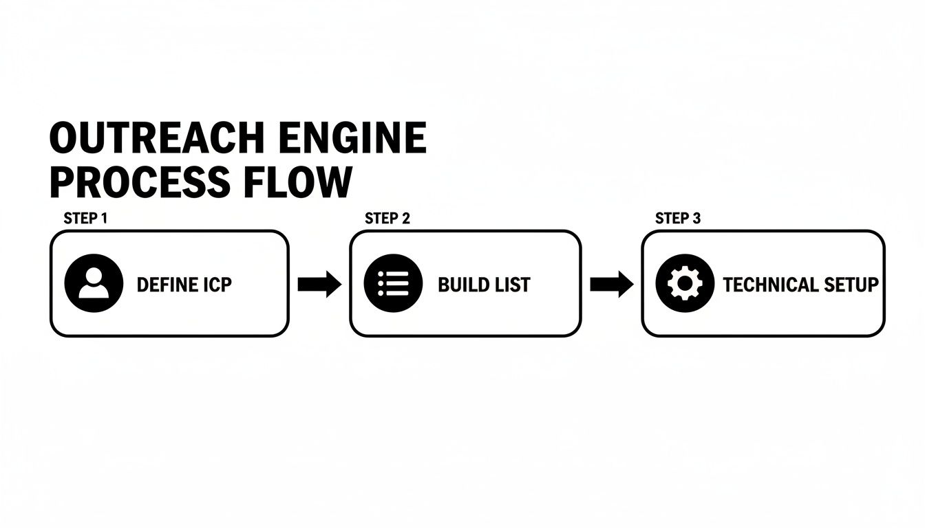 A three-step outreach engine process flow diagram outlining defining ICP, building a list, and technical setup.