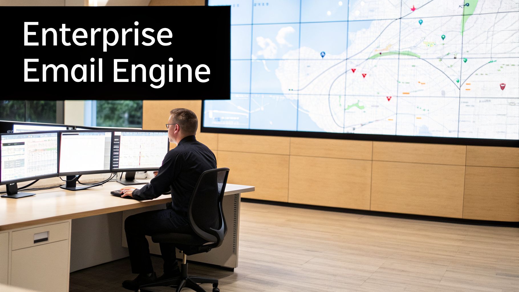 Man works on multiple monitors in a control room, with a large map display and 'Enterprise Email Engine' text.