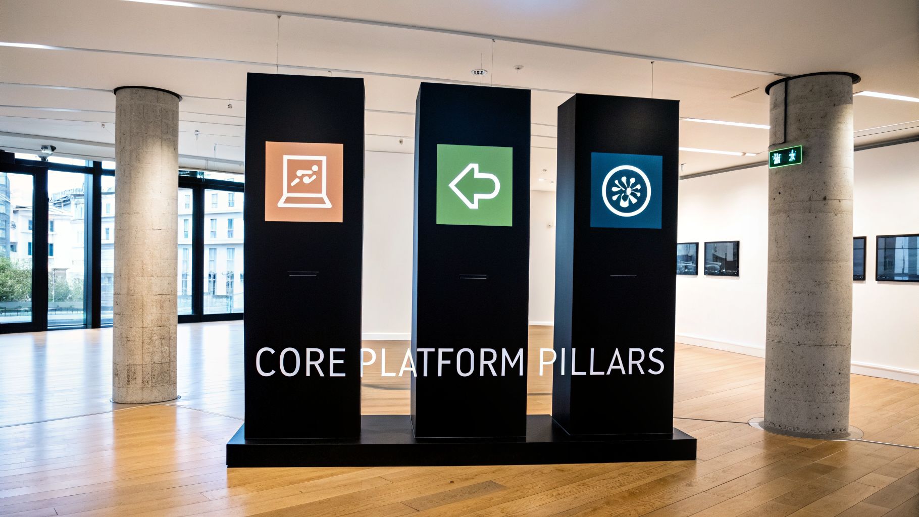 Three black display pillars featuring icons and the text 'CORE PLATFORM PILLARS' in a modern interior.