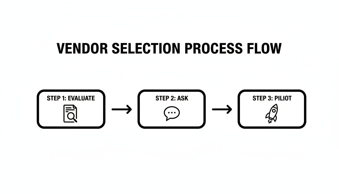 A flowchart titled 'Vendor Selection Process Flow' with three steps: Evaluate, Ask, and Pilot.